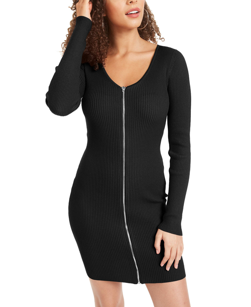 Planet Gold Women Juniors Zip Front Bodycon Dress Black Beauty