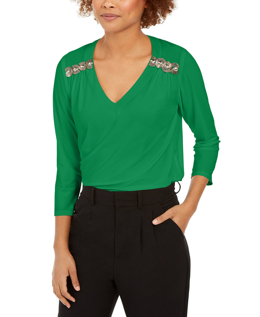 NY Collection Women Petite Beaded Trim Top Kelly Green