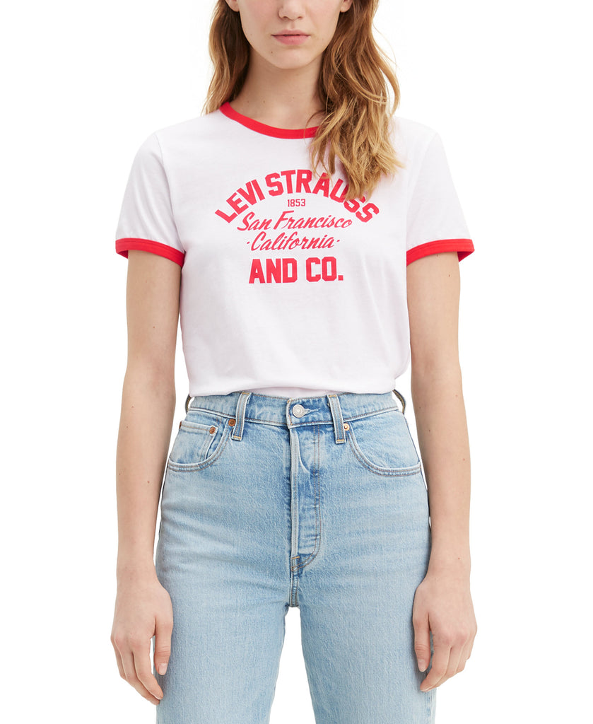 Levis Women Cotton Graphic Ringer T Shirt White