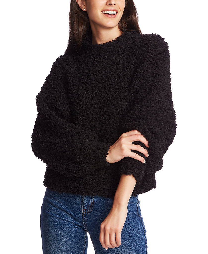 1.STATE Women Mock Neck Poodle Textured Sweater Rich Black