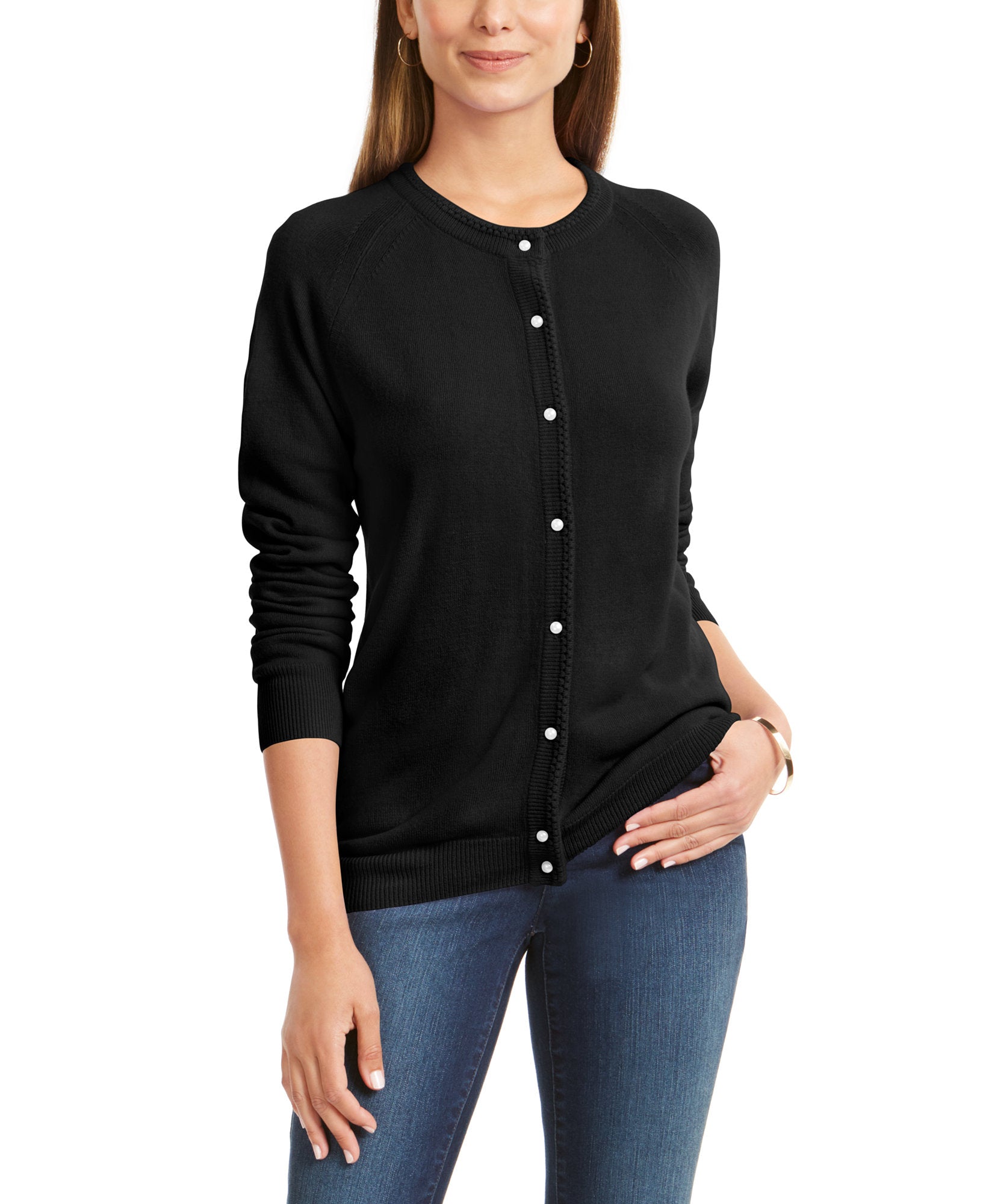Karen Scott Women Petite Luxsoft Button Cardigan Luxsoft Black