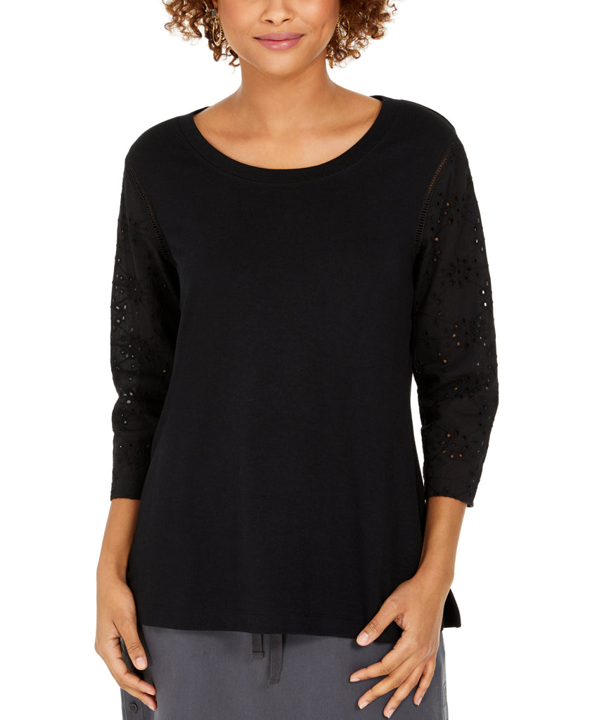 Style & Co Women Eyelet Sleeve Cotton Top Deep Black