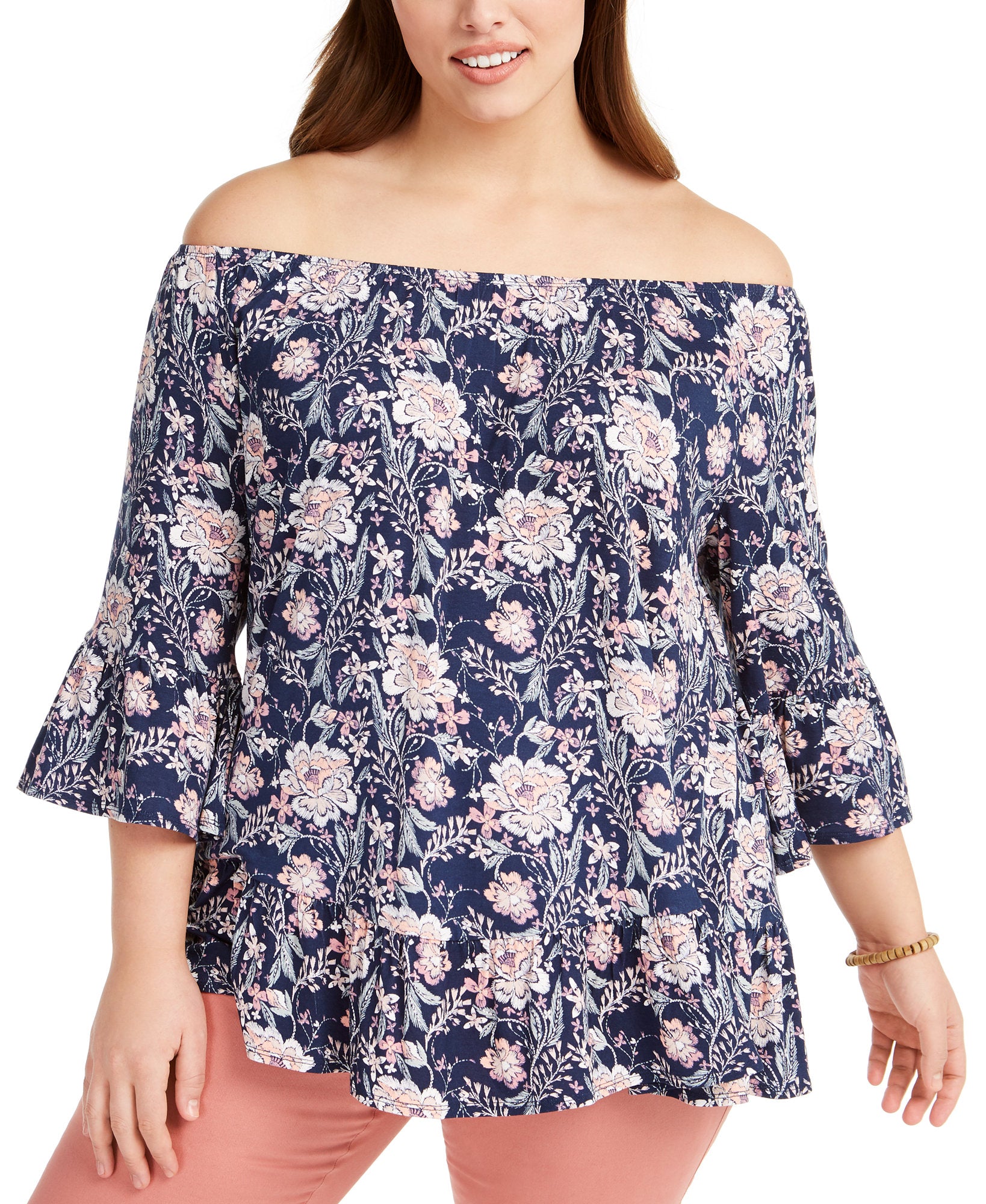 Style & Co Women Plus Printed On Or Off The Shoulder Top Garden Navy