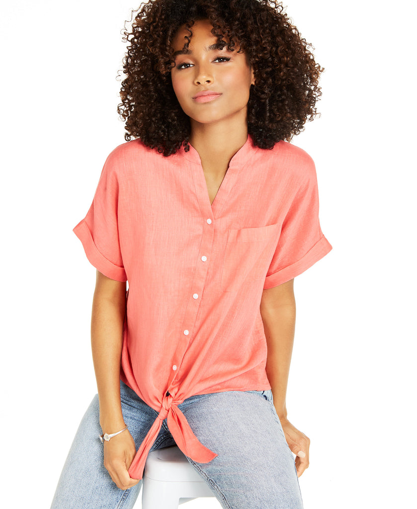 Charter Club Women Linen Tie Front Shirt Coral Peach