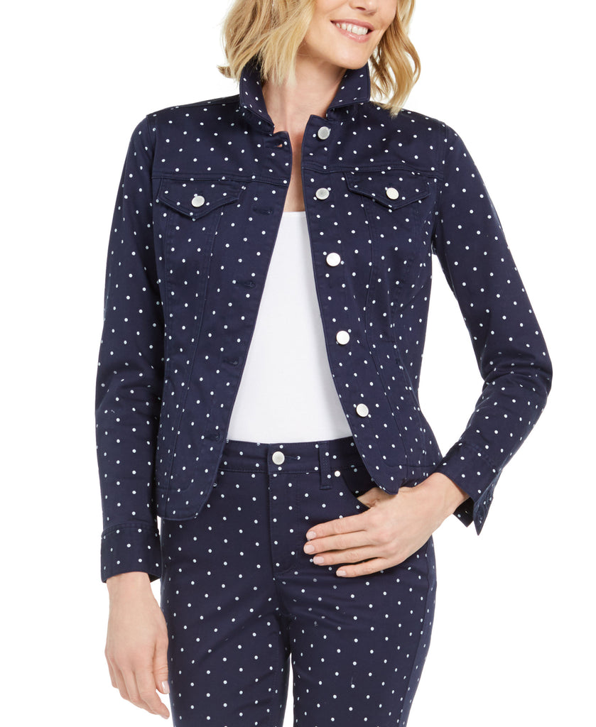 Charter Club Women Petite Printed Denim Jacket Intrepid Blue Combo