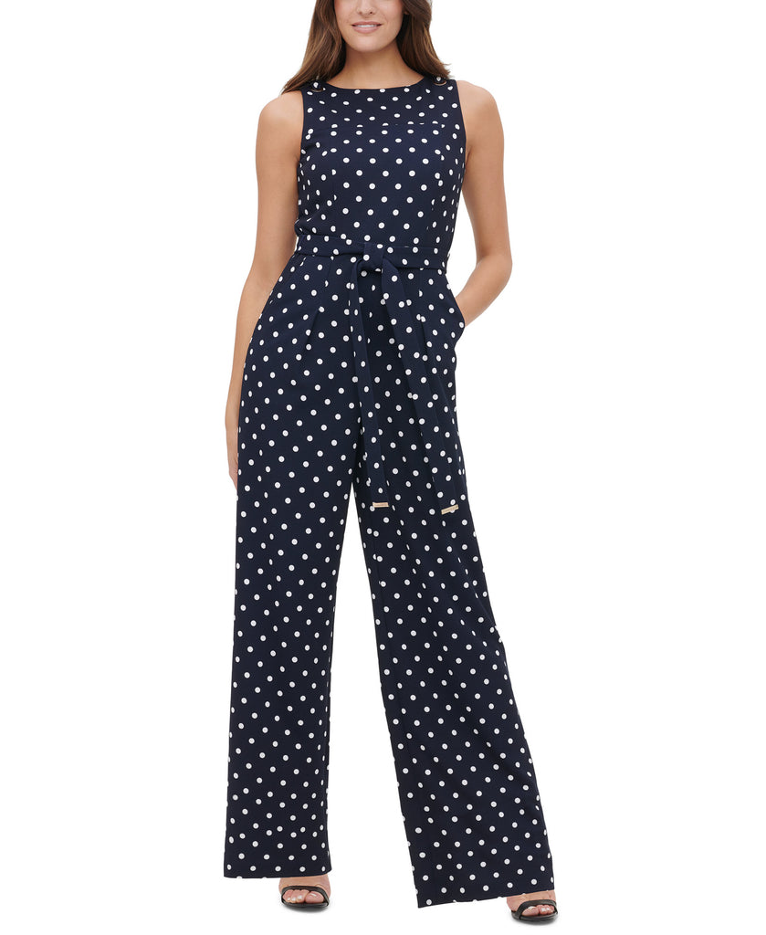 Tommy Hilfiger Women Polka Dot Tie Waist Jumpsuit Sky Captain Ivory