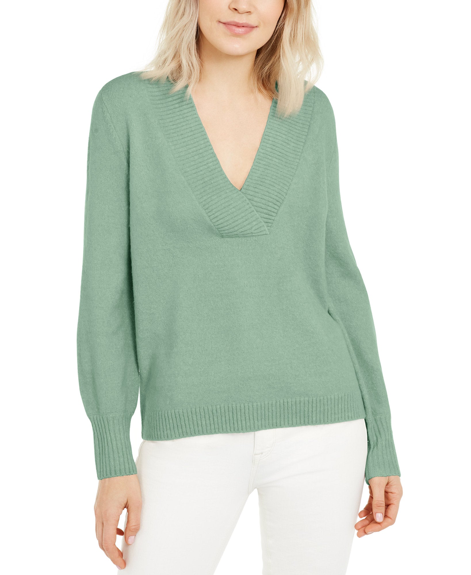 INC International Concepts Women Deep V Neck Tunic Sweater Dewy Green