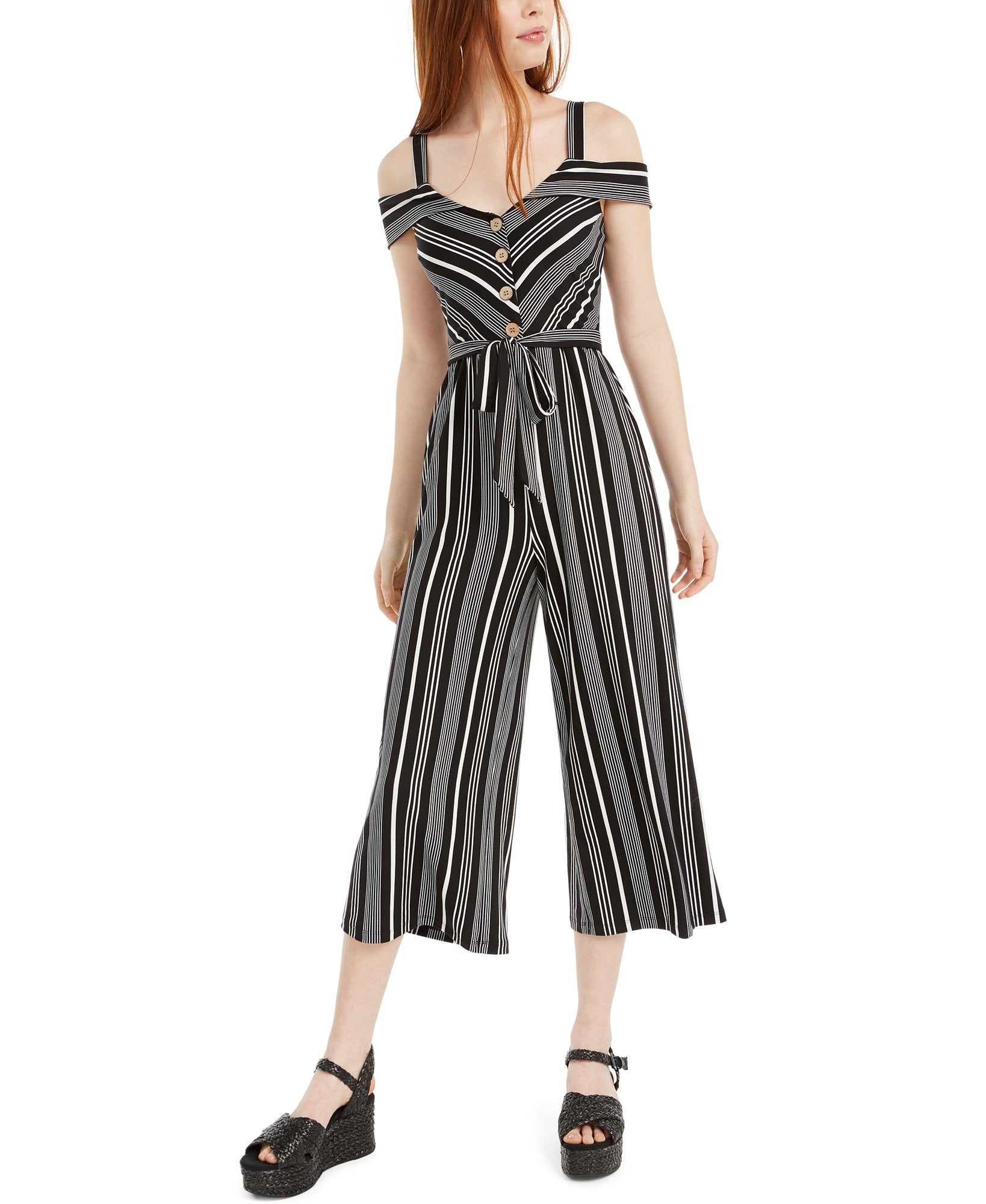 BCX Women Striped Off The Shoulder Jumpsuit Black Stripe