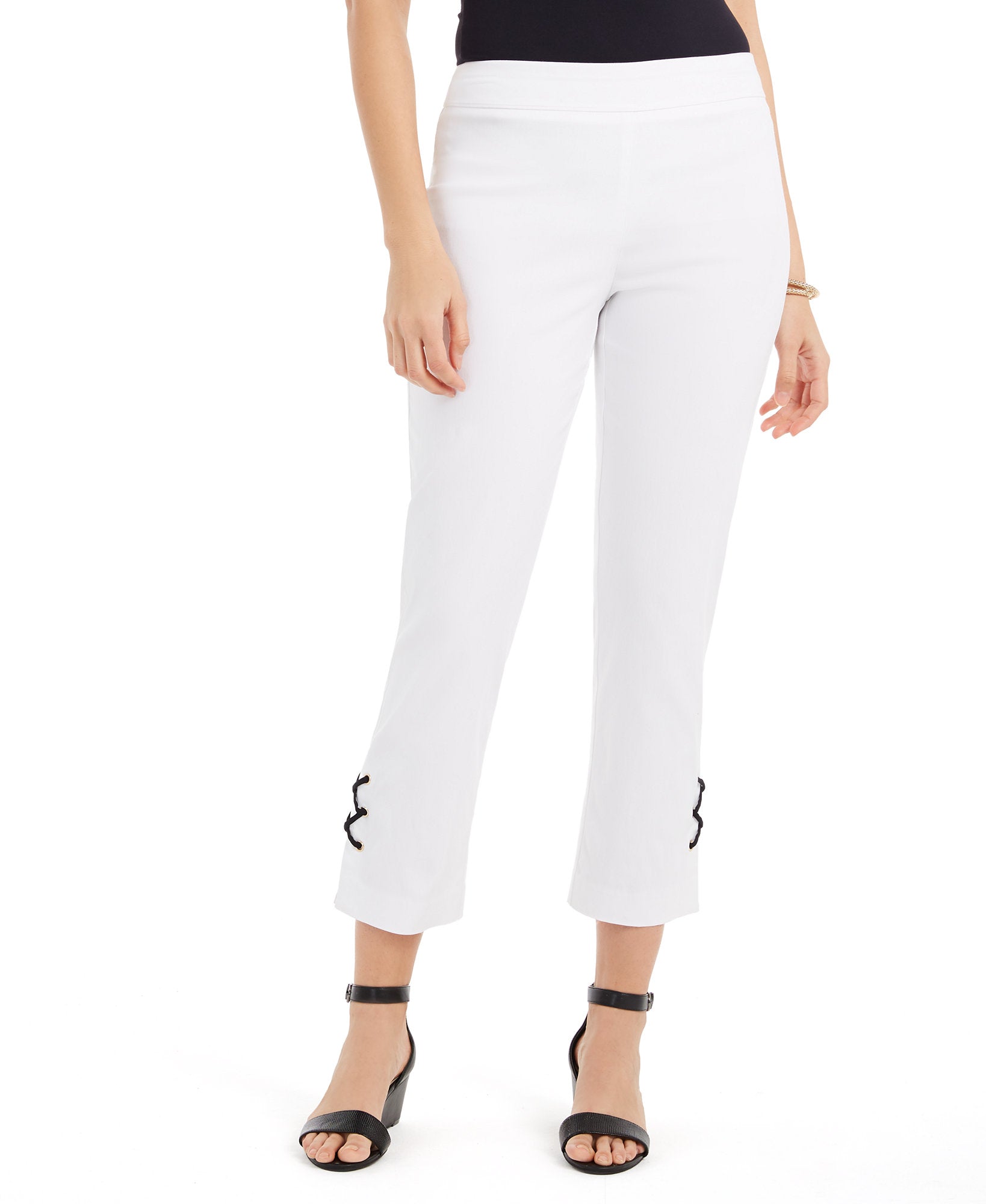 JM Collection Women Lace Up Tummy Control Ankle Pants Bright White