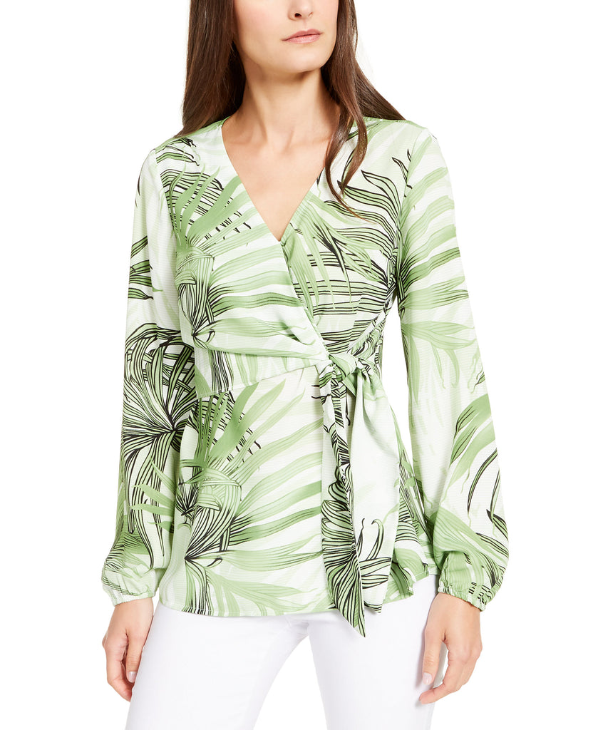 Alfani Women Printed Wrap Top Green Grand Fern