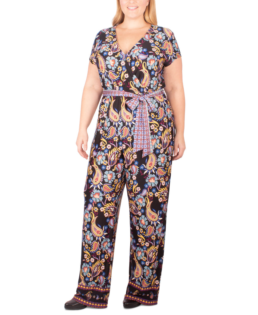 NY Collection Women Plus Paisley Print Tie Belt Jumpsuit Black Angel Pais