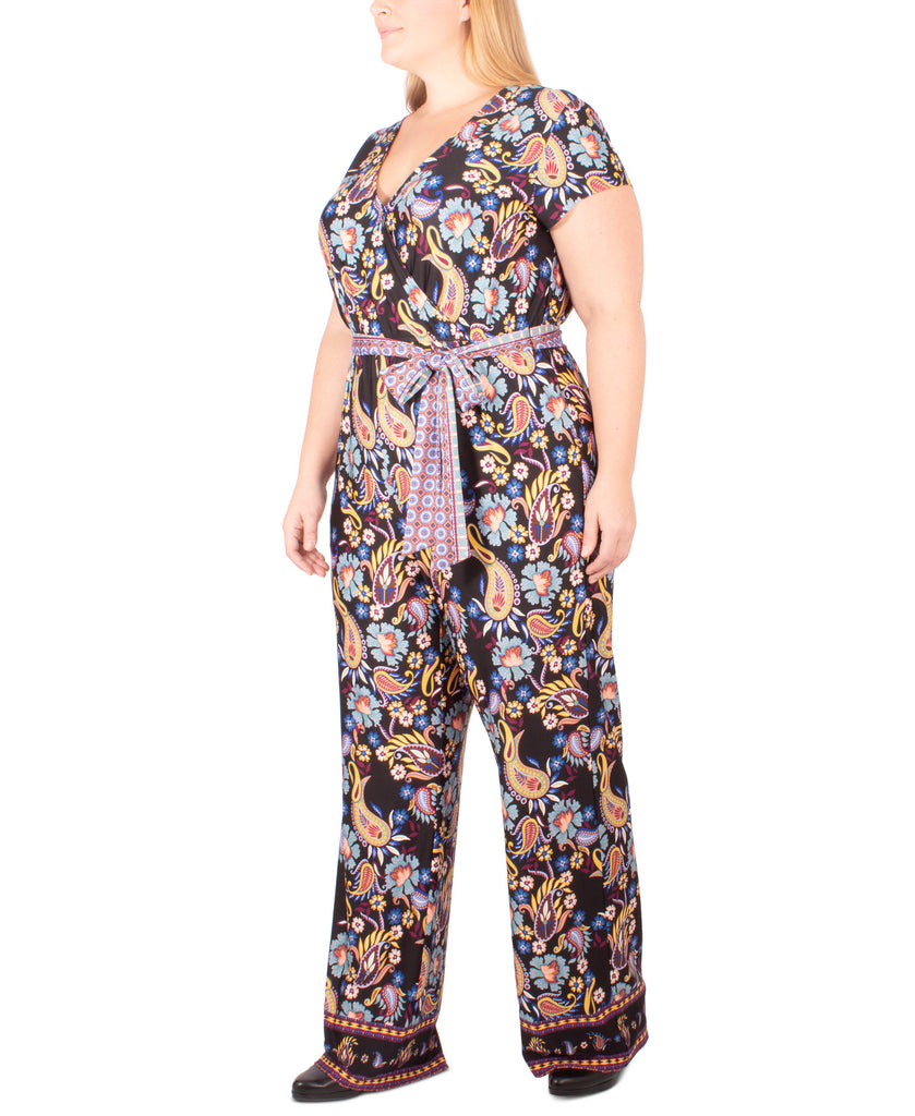 NY Collection Women Plus Paisley Print Tie Belt Jumpsuit