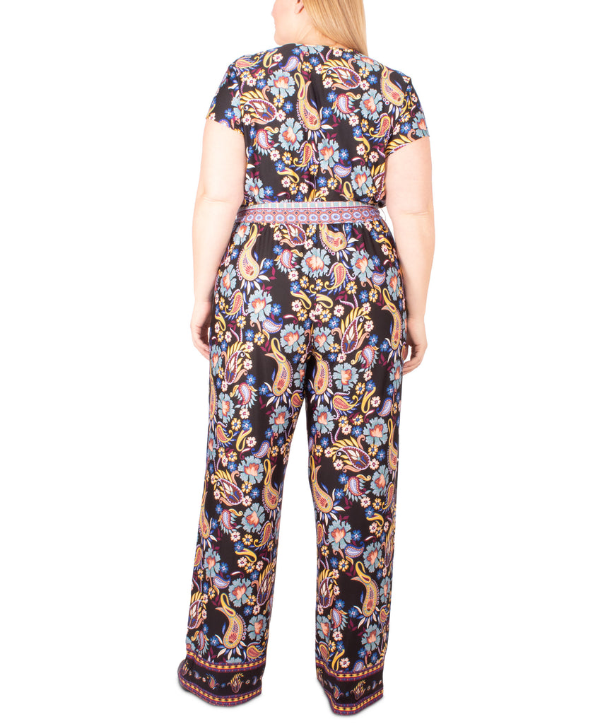 NY Collection Women Plus Paisley Print Tie Belt Jumpsuit