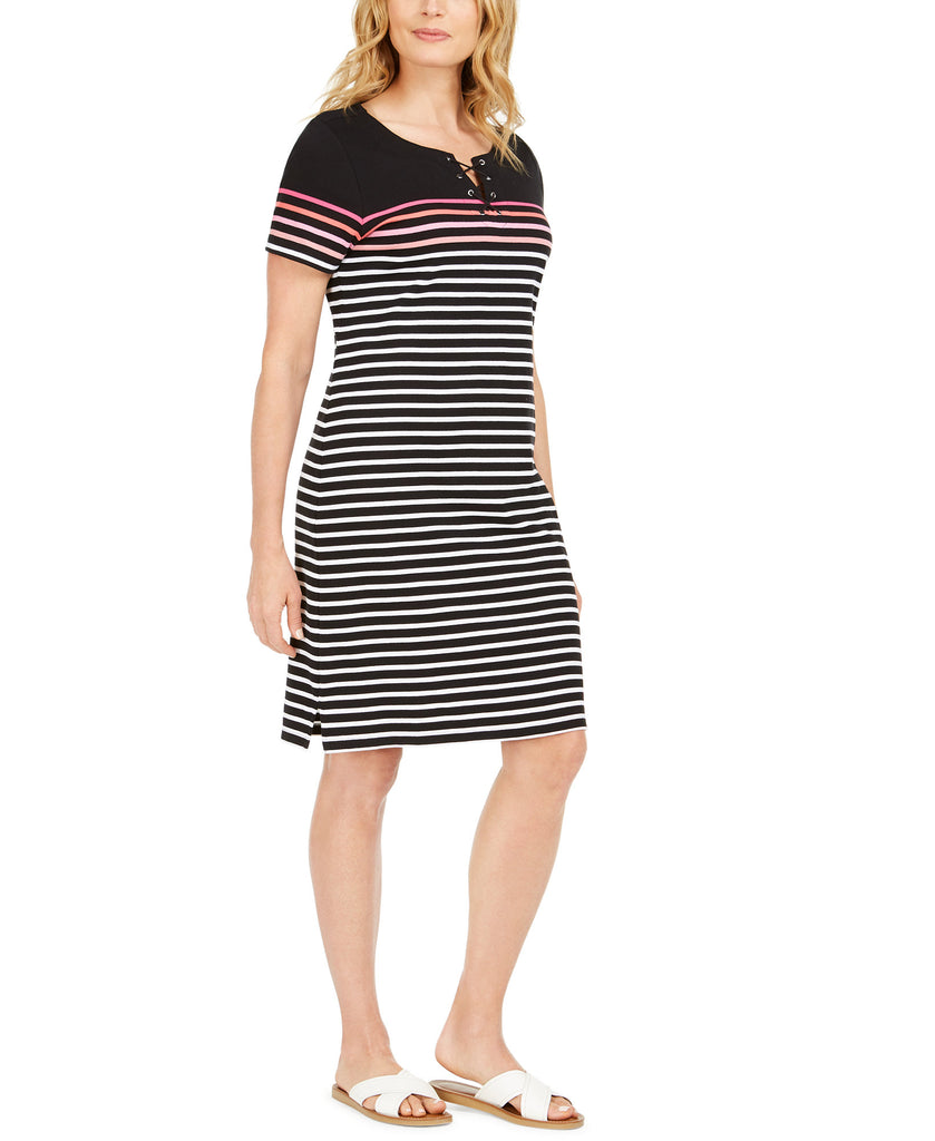 Karen Scott Women Mirage Cotton Striped Lace Up Dress