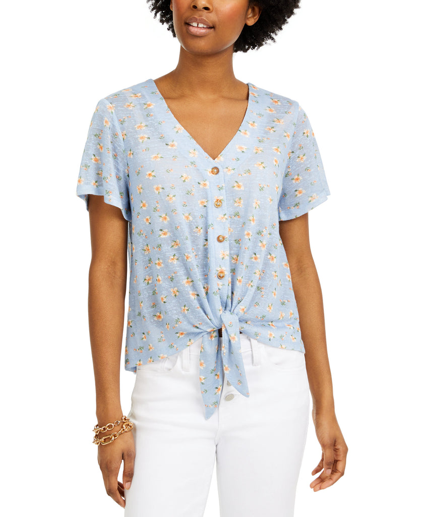Hippie-Rose-Women-Floral-Print-Tie-Front-Top-Skylight-Blue-Ditsy