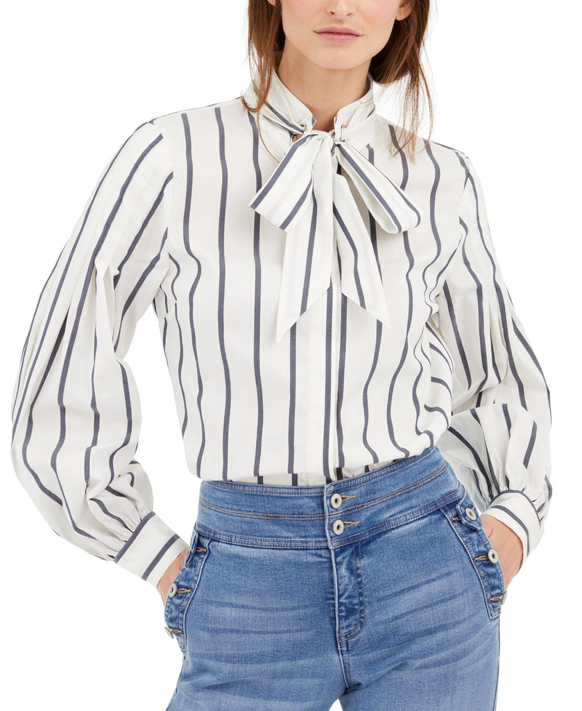 INC International Concepts Women Striped Tie Neck Shirt Wallpaper Strip