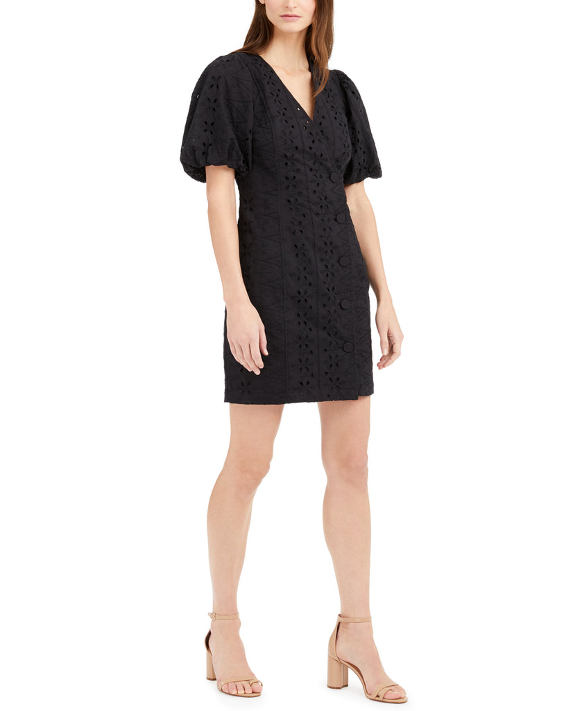 INC International Concepts Women Puff Sleeve Eyelet Dress Deep Black