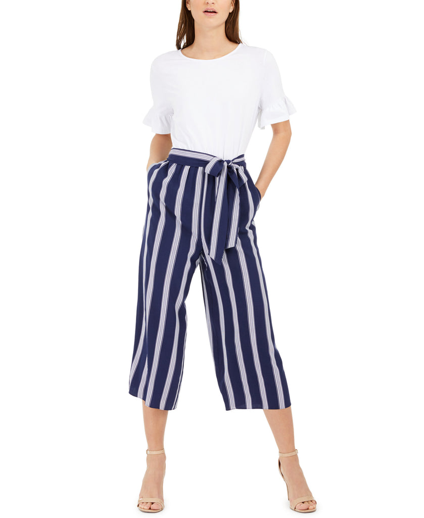 Maison Jules Women Striped Leg Belted Jumpsuit Blue Beach Stripes