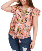 INC International Concepts Women Plus Cotton Lace Up Flutter Top Regal Blossom