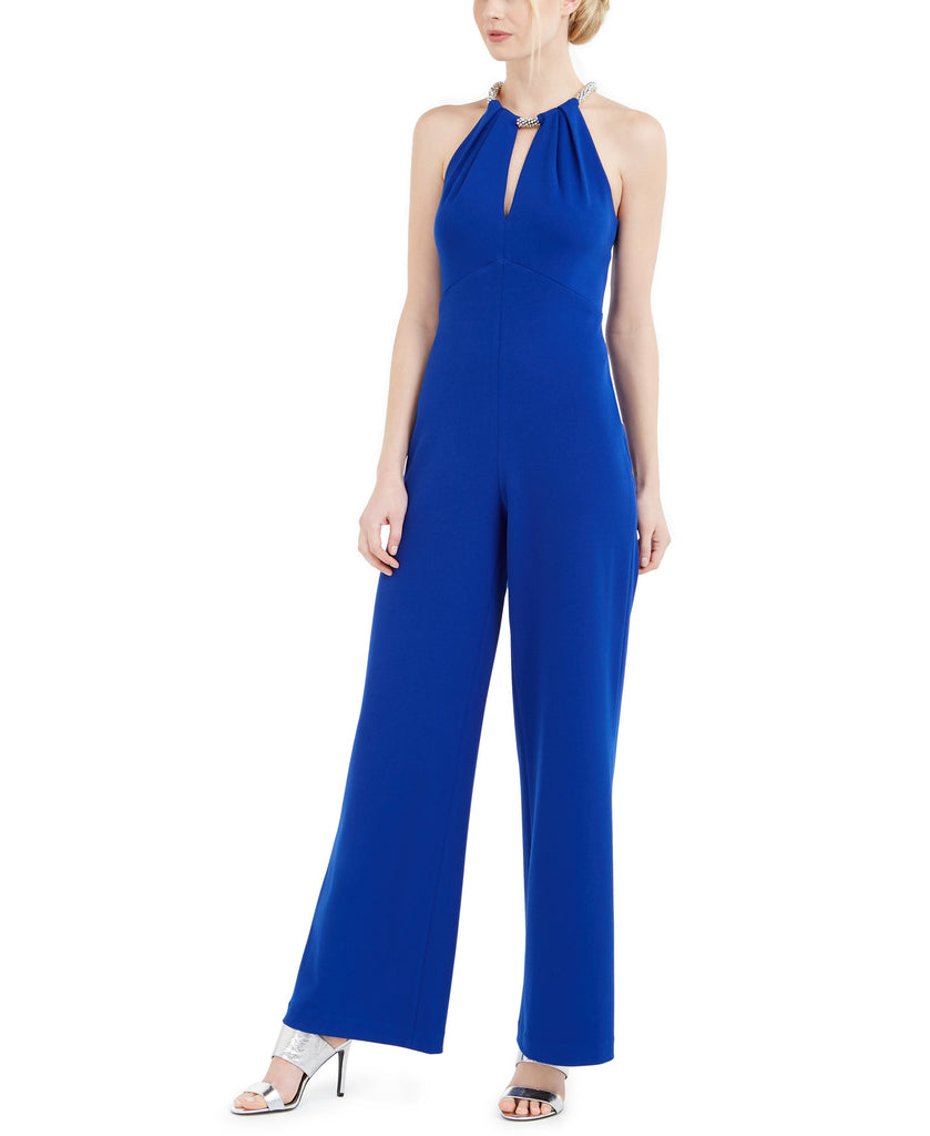 Calvin Klein Women Beaded Keyhole Halter Jumpsuit Regatta Blue