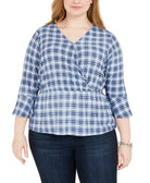 MICHAEL Michael Kors Women Plus Plaid Bell Sleeve Top Chambray