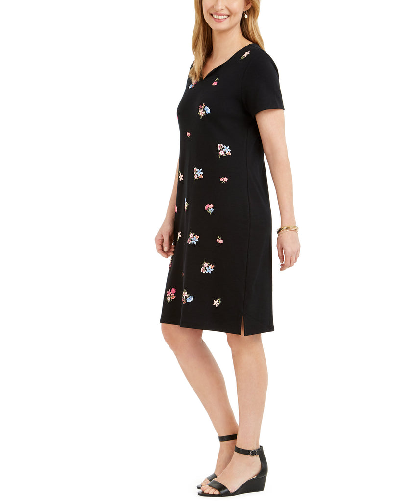 Karen Scott Womens Petite Split Neck Embroidered Dress