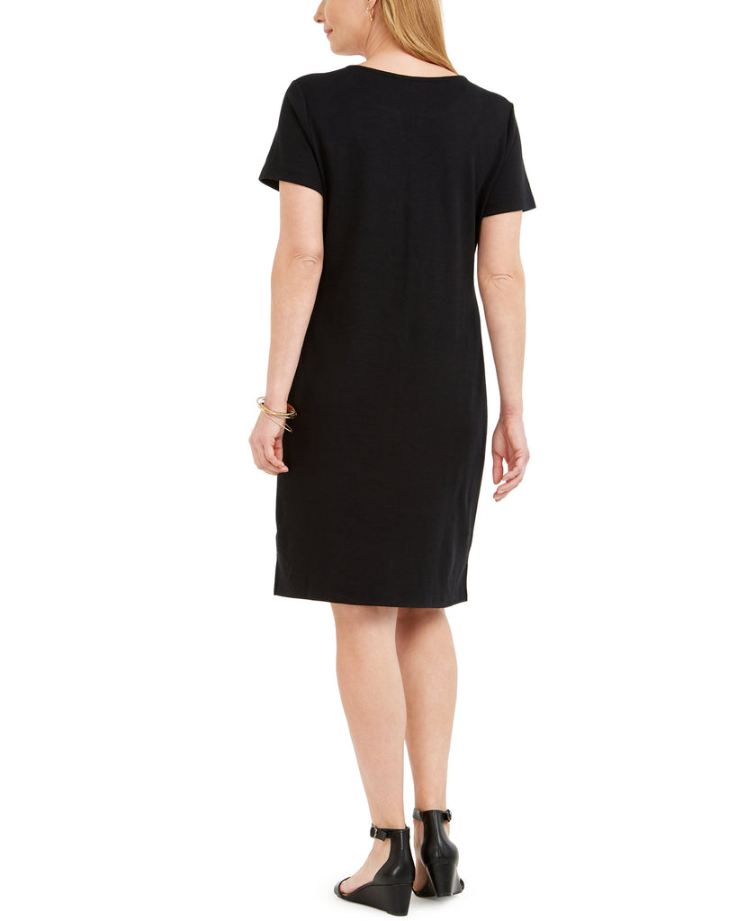 Karen Scott Womens Petite Split Neck Embroidered Dress