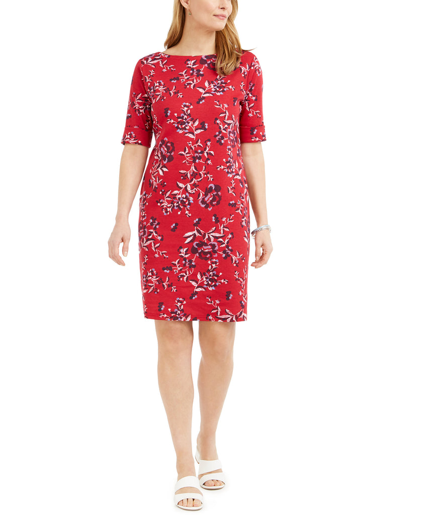 Karen Scott Womens Petite Printed Boat Neck Dress New Red Amore