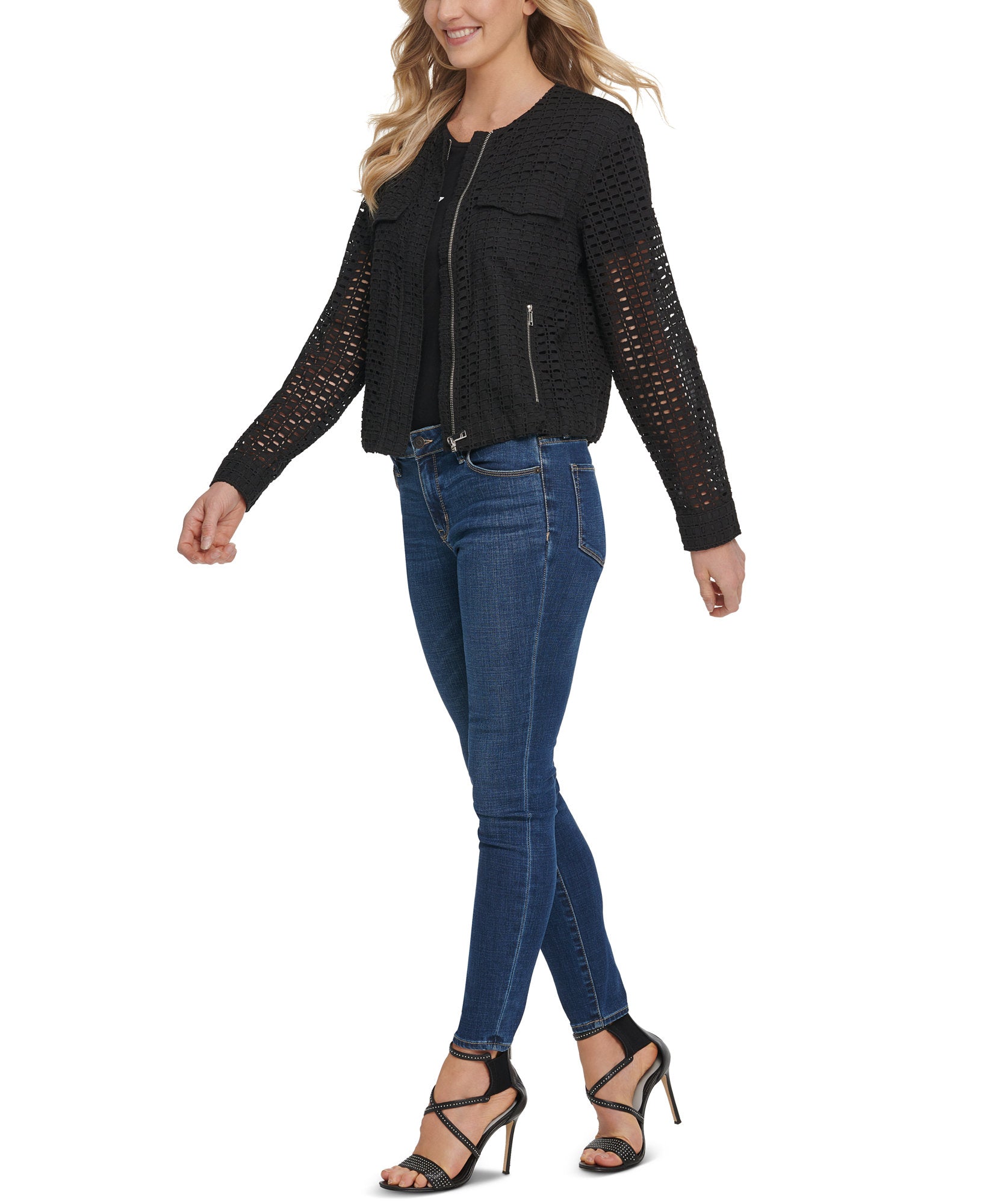 DKNY Women Cotton Crocheted Collarless Jacket