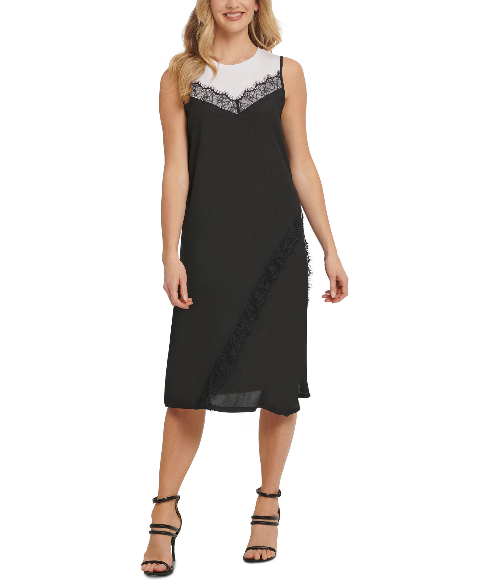 DKNY Women Mixed Media Sleeveless Dress White black