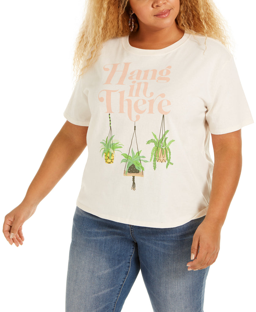 Mighty Fine Women Plus Trendy Hang In There Cropped Graphic T Shirt Off White
