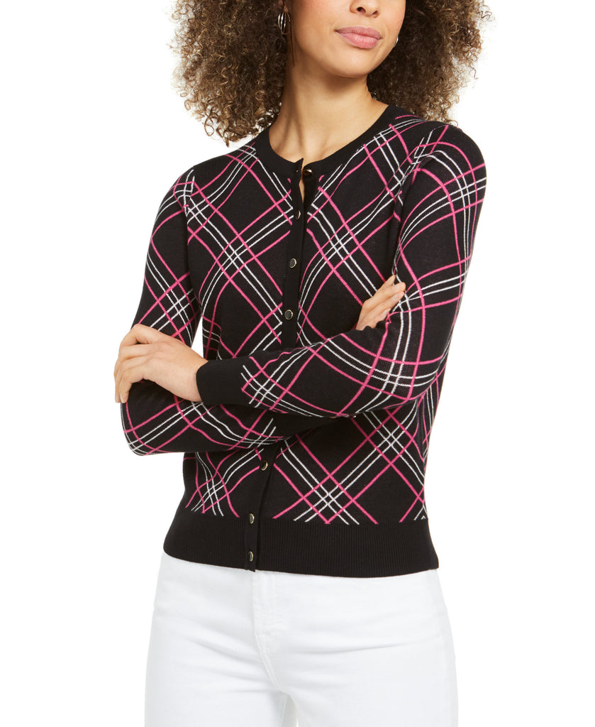 Charter Club Women Plaid Cardigan Sweater Deep Black Combo