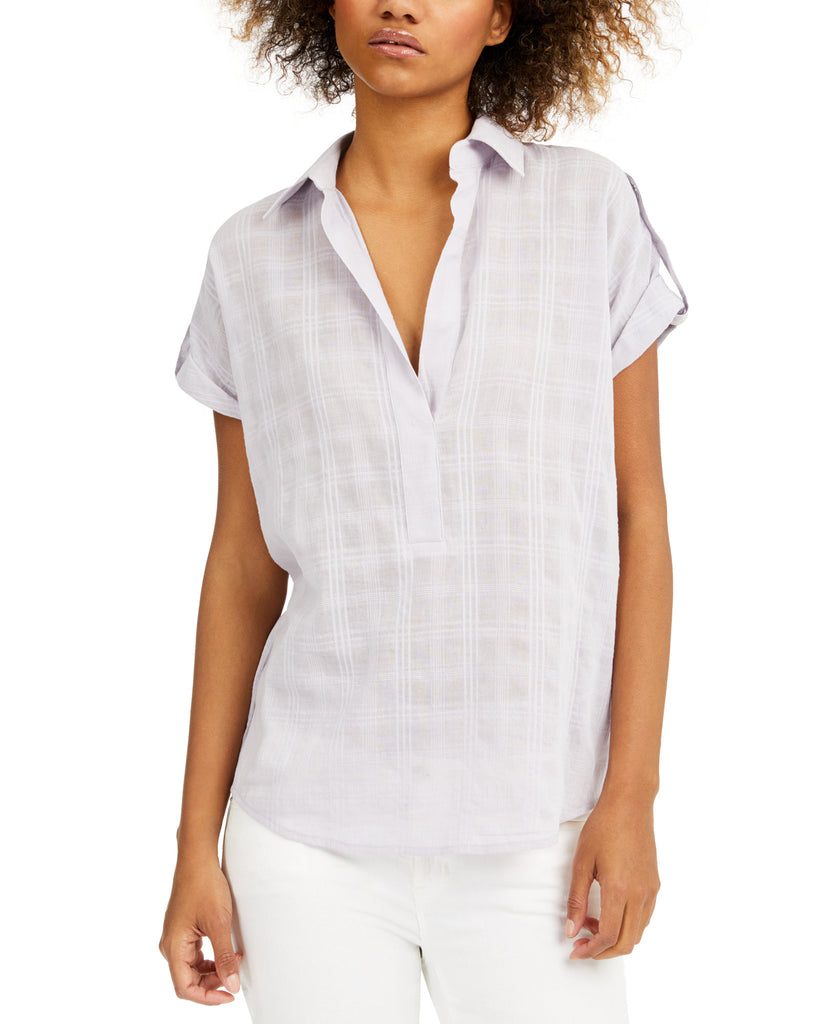 MICHAEL Michael Kors Women Petite Cotton Plaid Roll Tab Popover Top Lavander Mist