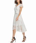 DKNY Women Flutter Sleeve V Neck Wrap Midi Dress
