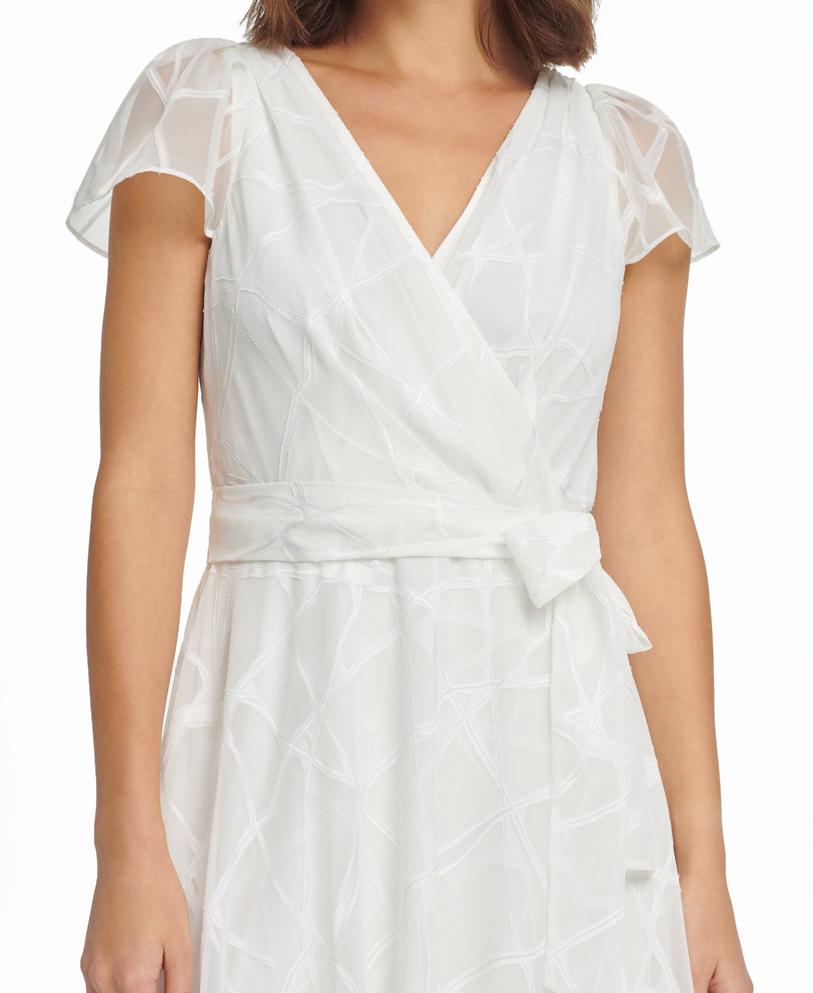 DKNY Women Flutter Sleeve V Neck Wrap Midi Dress