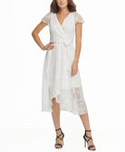 DKNY Women Flutter Sleeve V Neck Wrap Midi Dress Cream