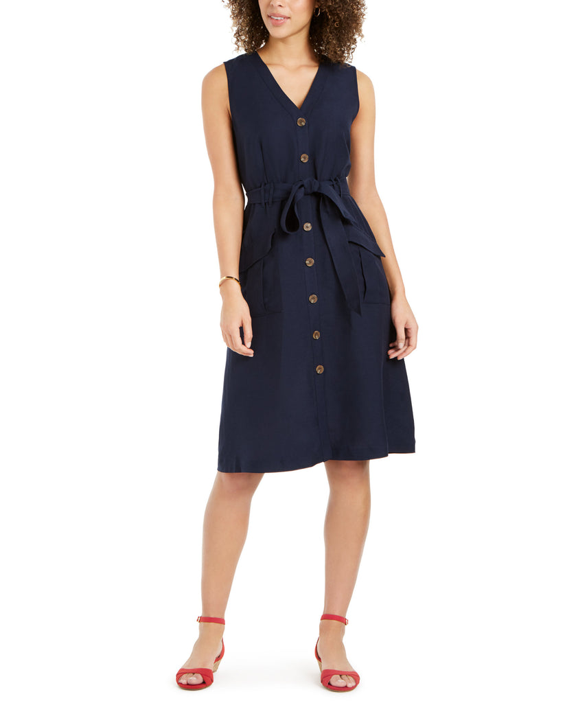 Charter Club Women Linen Blend Button Front Dress Intrepid Blue