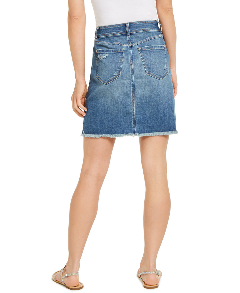 INC International Concepts Women Destructed Fray Trim Crossover Hem Denim Skirt