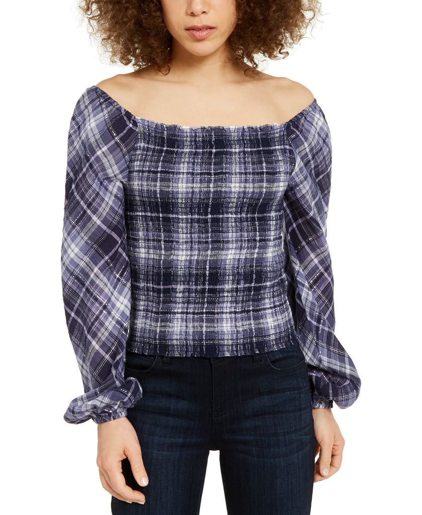 INC International Concepts Women Plaid Smocked Bodice Top Blue Sussex Plaid