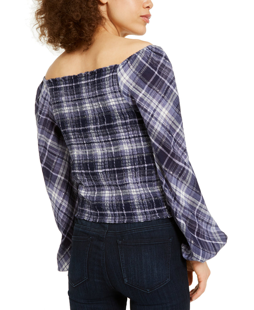 INC International Concepts Women Plaid Smocked Bodice Top