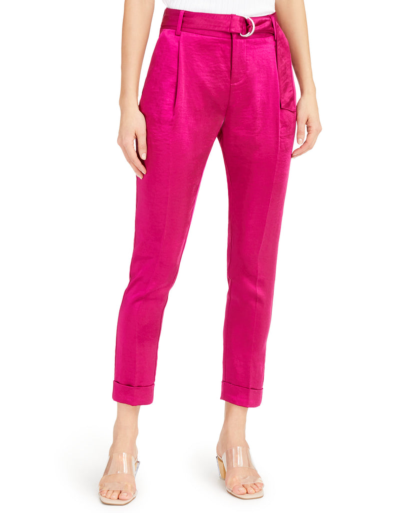 INC International Concepts Women Satin Belted Ankle Pants Cranberry Rose