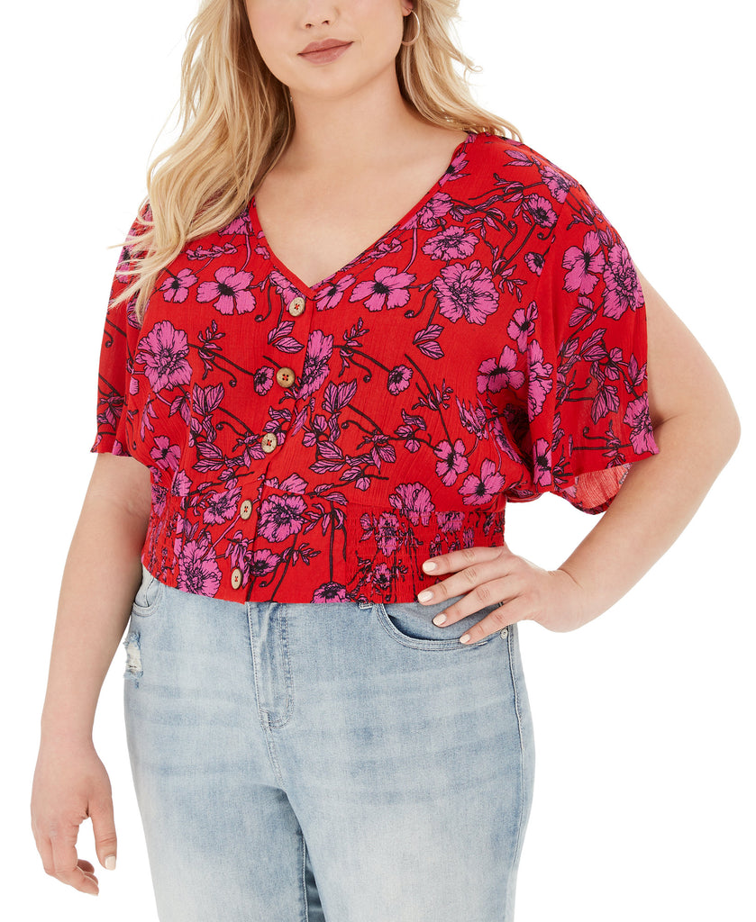 Band of Gypsies Women Plus Trendy Floral Print Cropped Blouse Red Magenta