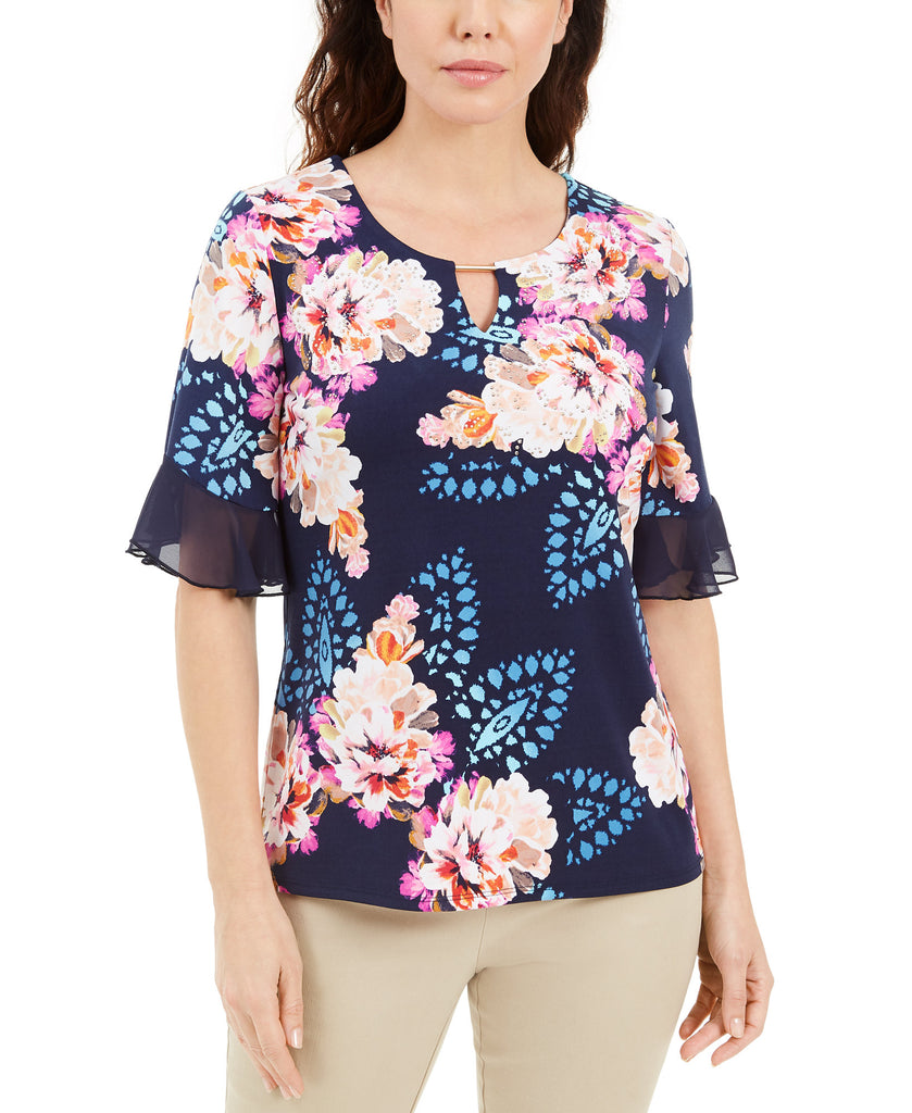 JM-Collection-Women-Liza-Floral-Print-Keyhole-Top-Intrepid-Blue-Combo