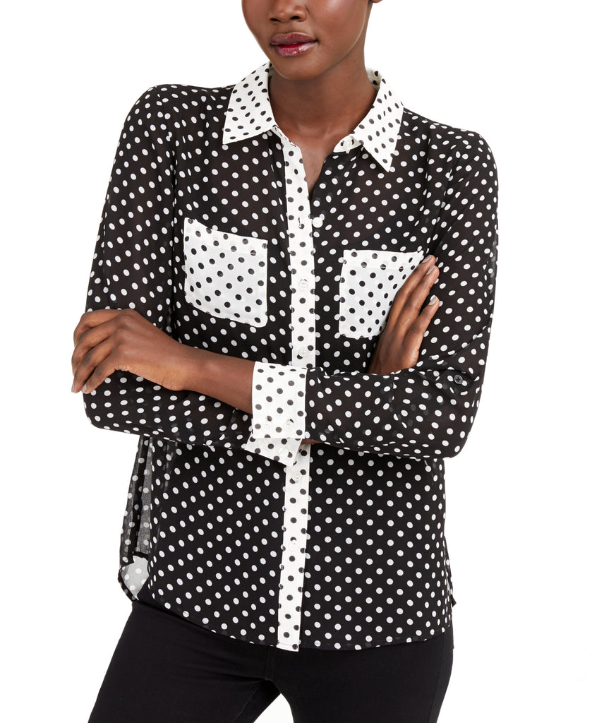 INC International Concepts Women Mixed Print Button Up Shirt Black Daisy Dot