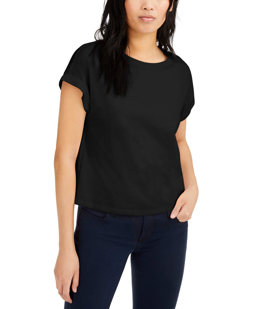 INC International Concepts Women Boxy Crewneck T Shirt Deep Black