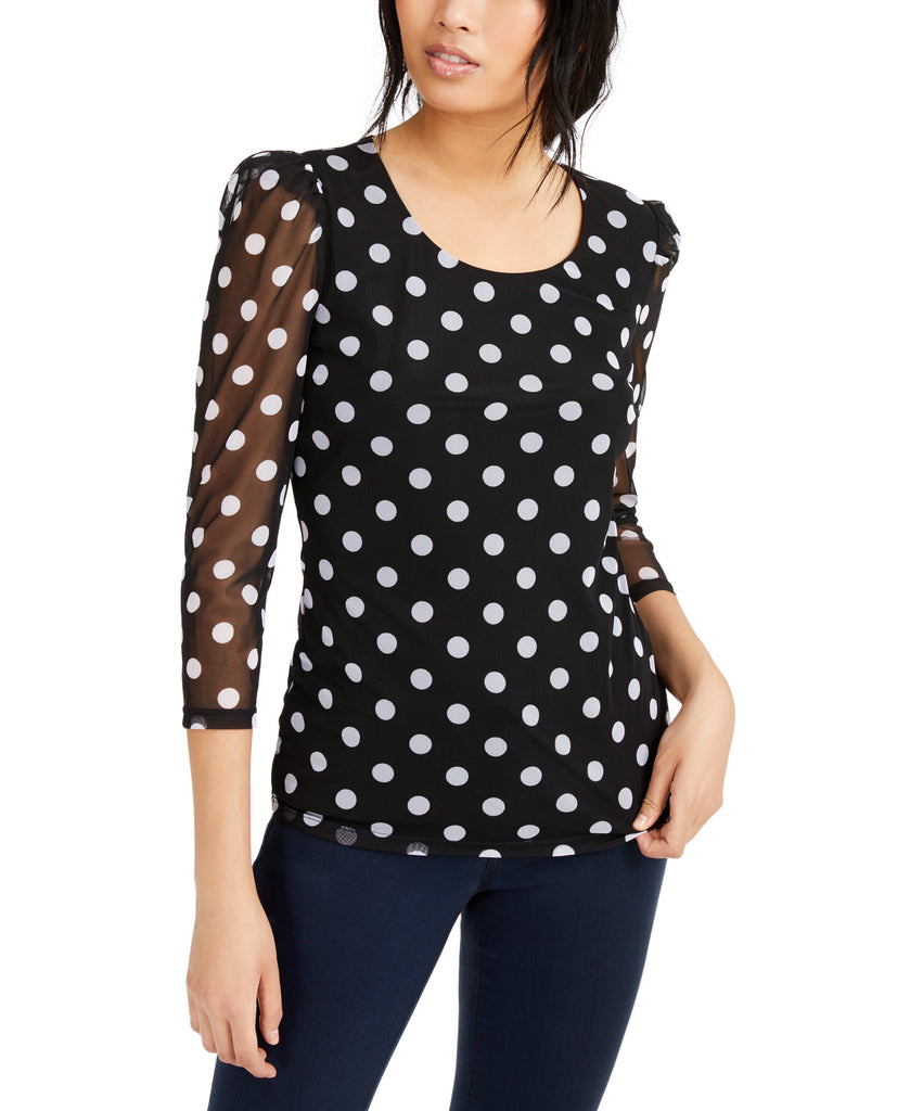 INC International Concepts Women Polka Dot Sheer Sleeve Top Dory Dot