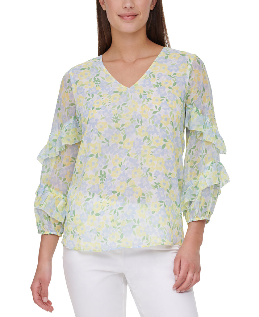 Calvin Klein Women Printed Ruffled Top Yellow