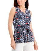 Charter Club Women Printed Tie Front Sleeveless Top Intrepid Blue Combo