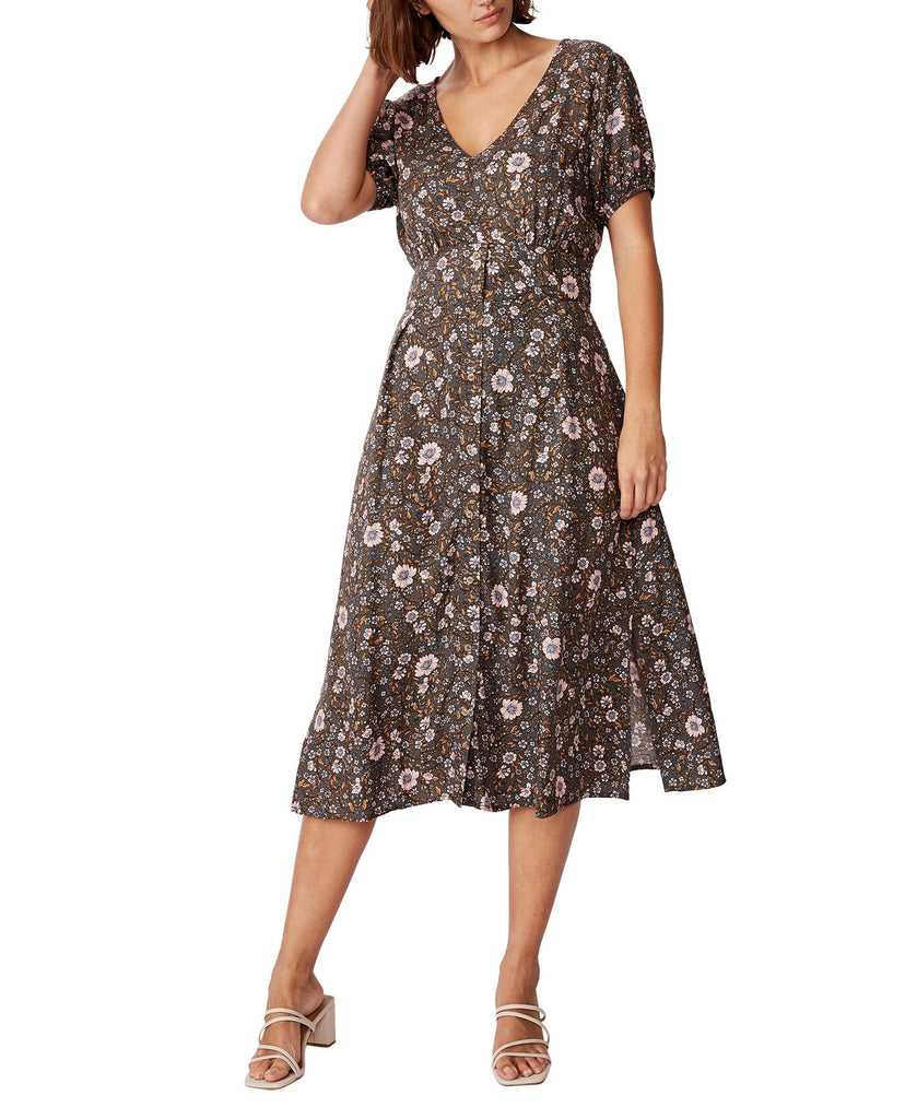 COTTON ON Women Woven Chloe Puff Sleeve Midi Dress Jordyn Floral Raven