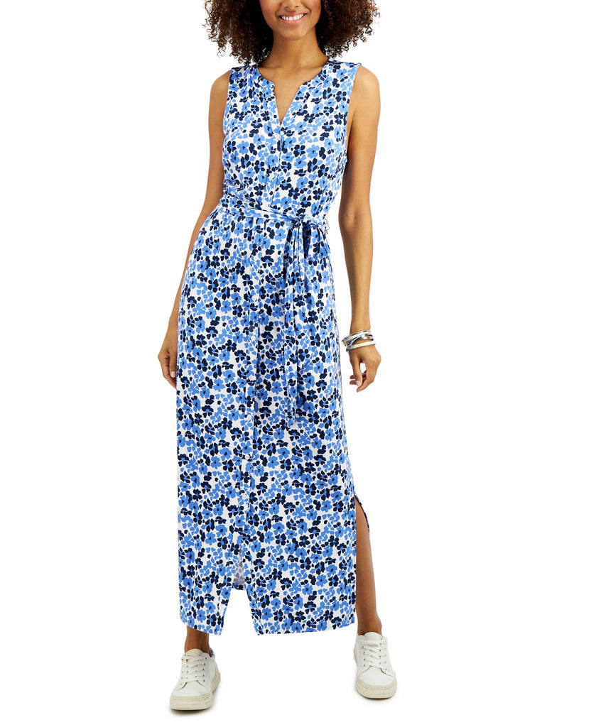 Charter Club Women Tie Waist Maxi Dress Intrepid Blue Combo